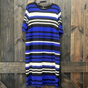 Lauren Ralph Lauren Shirt Dress 1X Oversized‎ Striped Zipper Back Blue Stretch